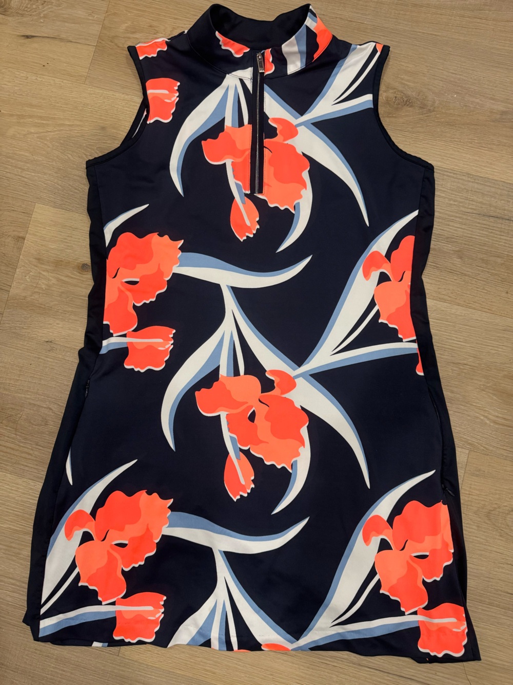 Navy Floral Sleeveless Mock-Neck Dress with Coral Blooms by Tail